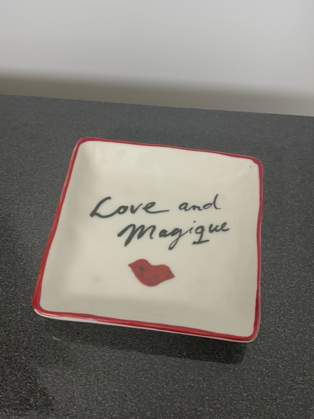 Love and Magique White Ceramic Trinket Dish with Red Trim